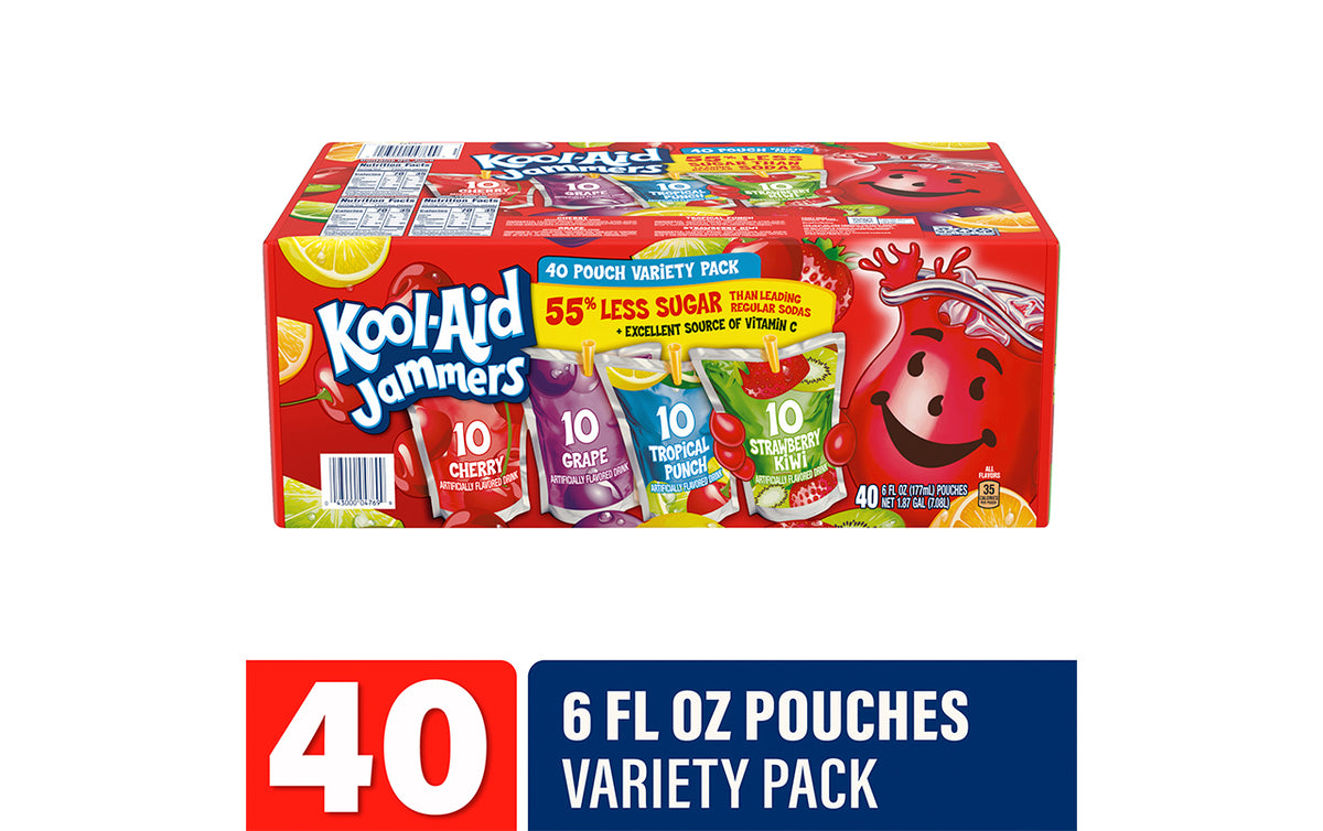 Kool-Aid Jammers Drink, Tropical Punch/Grape/Cherry, Variety Pack - 40 pack, 6 fl oz pouches