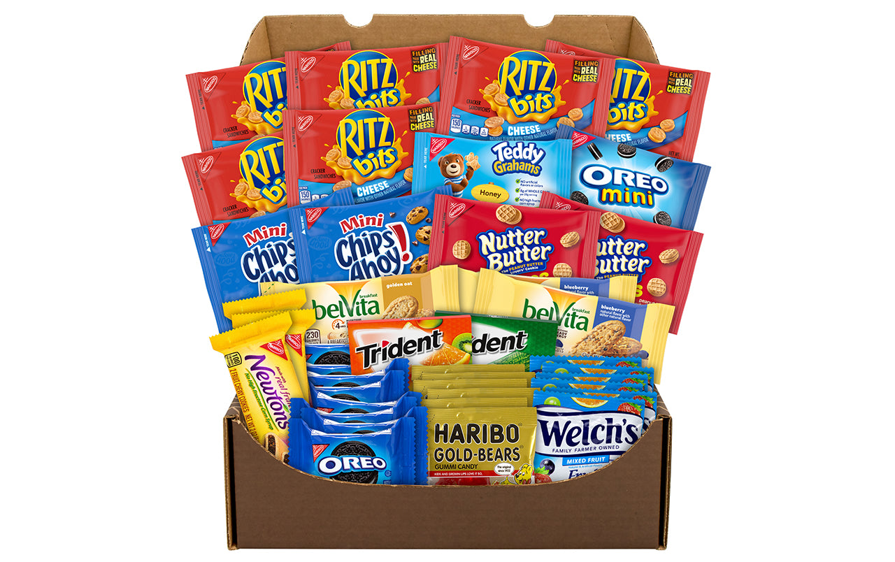 Fun Flavors Box- Kids Lunchbox Snack Care Package - 40 Snacks Assortment of Chips, Cookies, Sweet and Salty, Candy Gift Box