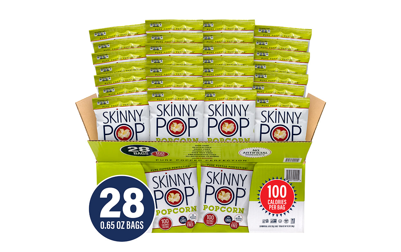 SkinnyPop Skinny Pop 100 Calorie Popcorn Snack, 0.65 oz, 28 Count - Non  GMO, Gluten Free, On-the-Go Snacking