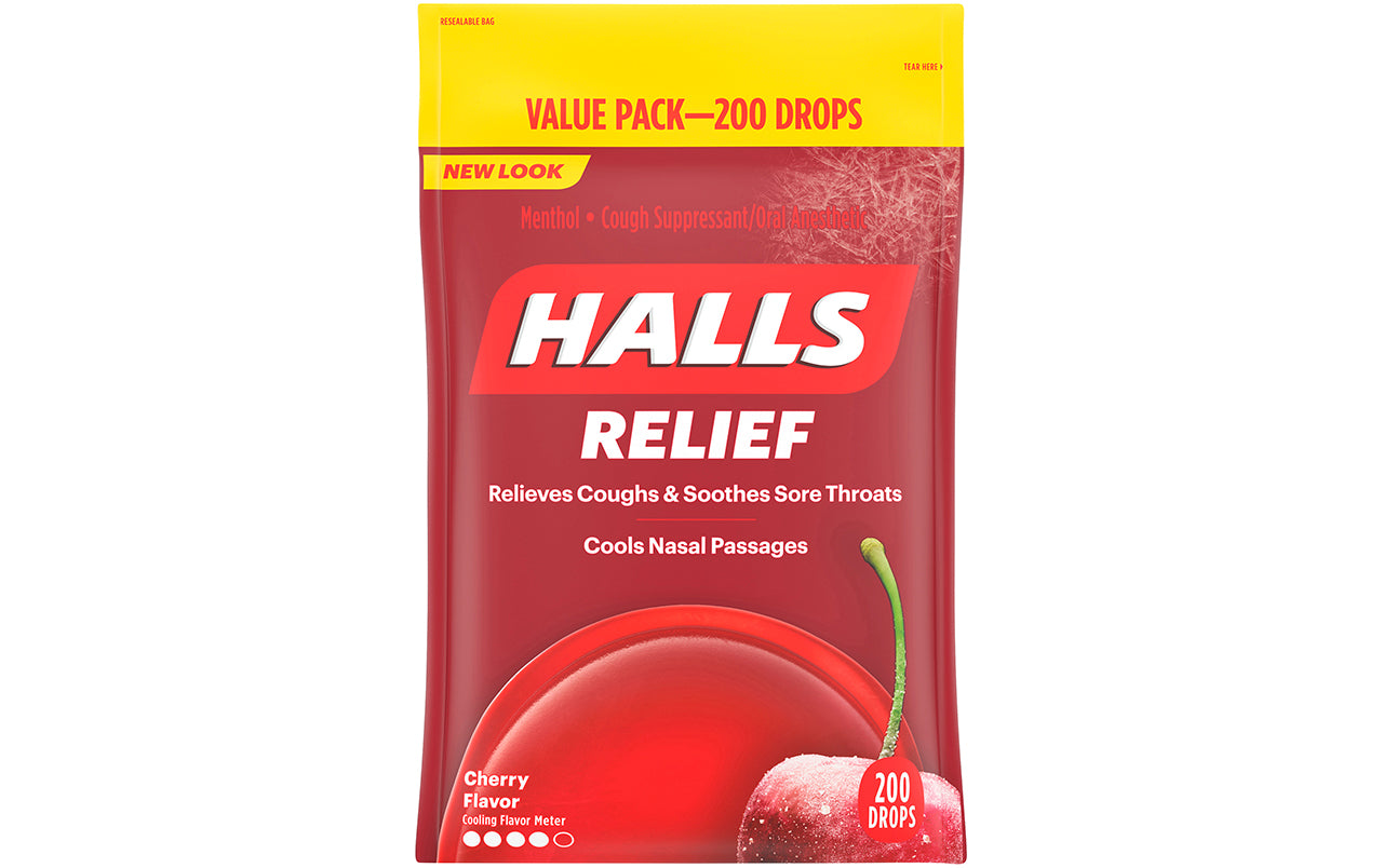 HALLS Cough Suppressant Cherry Cough Drops Triple Soothing Action, 200 Count