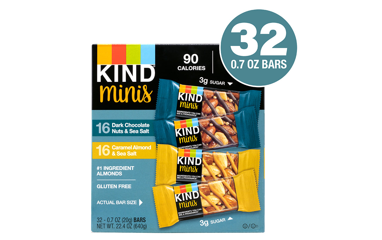 KIND Minis Dark Chocolate Nuts & Sea Salt and Caramel Almond & Sea Salt Variety, 0.7 oz, 32 Count