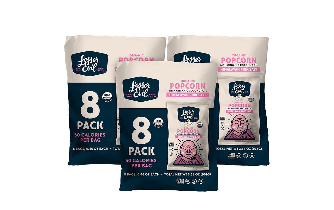 LESSER EVIL Himalayan Pink Salt Organic Popcorn, 0.46 oz, 8 Count, 3 Pack