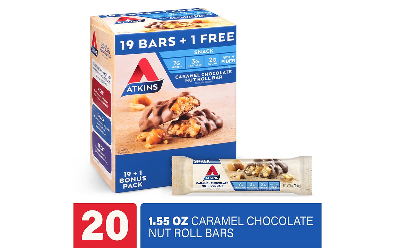 ATKINS Caramel Chocolate Nut Roll Bar, 1.55 oz, 20 Count